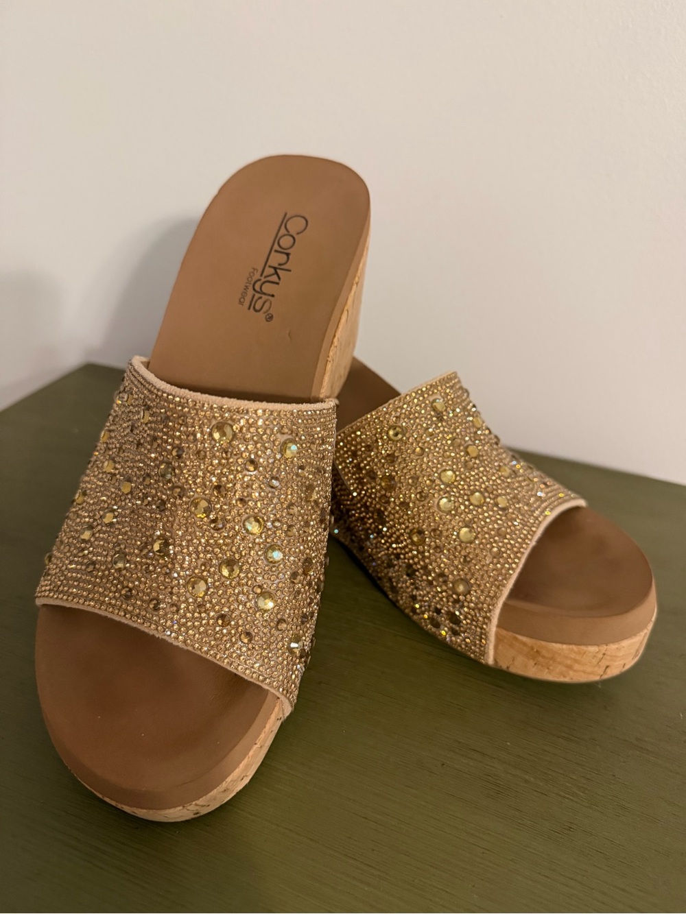 Corky’s brown sequined Wedge Slide Mules